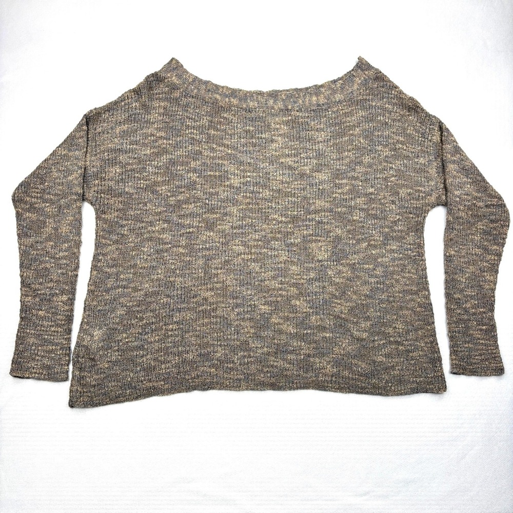 Figwood Sweater Womens ML Grey Tan Open Knit Boat Neck Rayon Pullover Top Loose